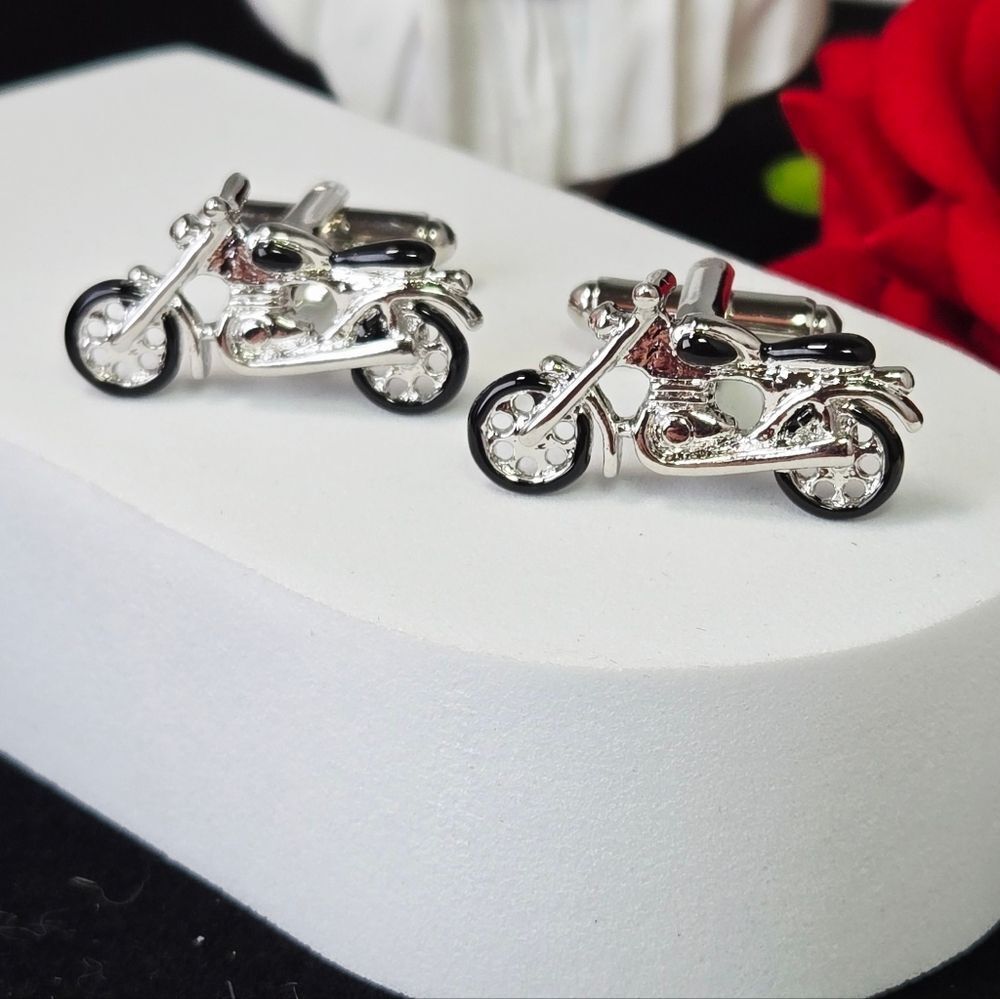 Motorcycle Cufflinks Silver Black Enamel Bike Rider French Cuff Formal Bikercore
